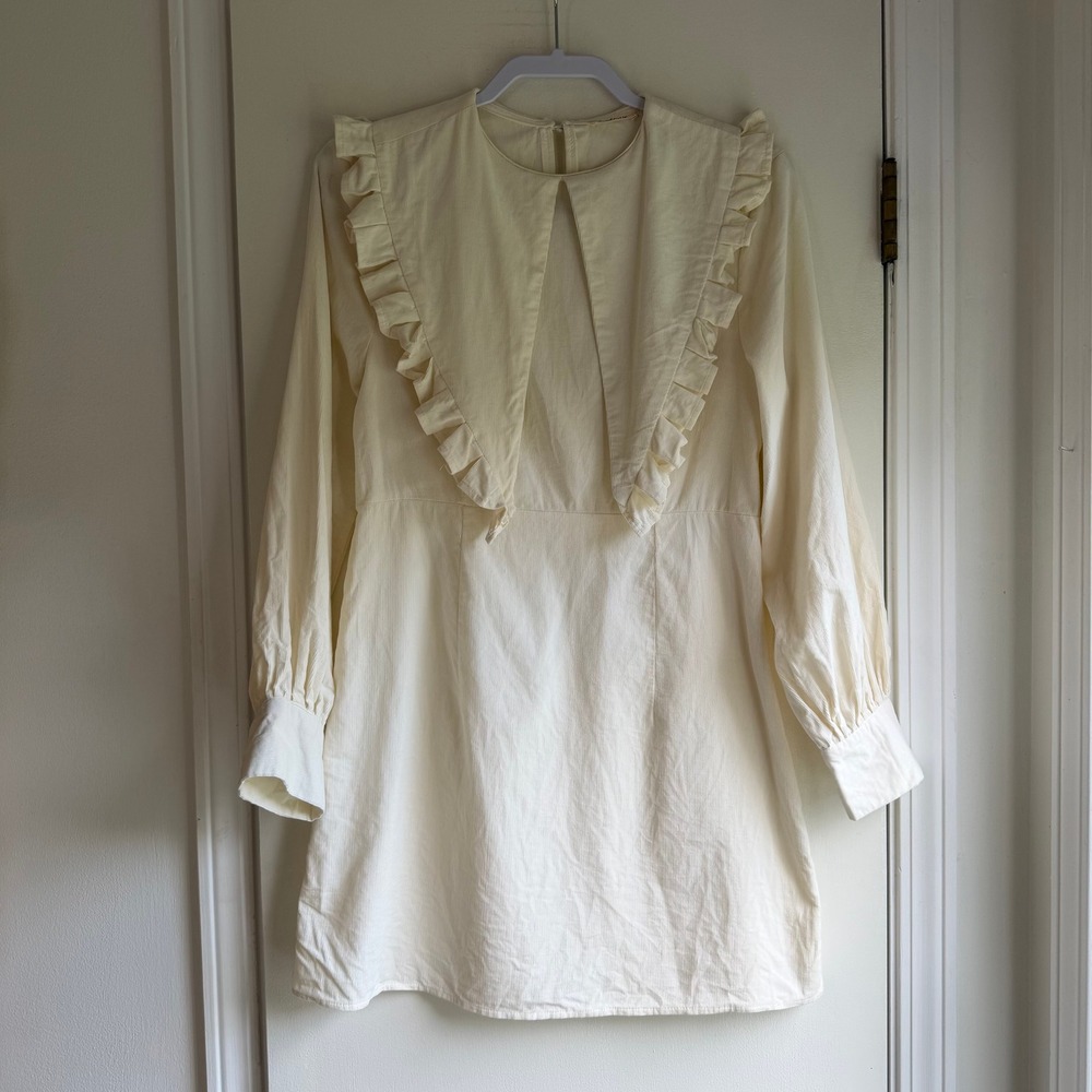 SundayUp Cream Corduroy Ruffle Sailor Collar Mini Dress Long Sleeve Ivory Large